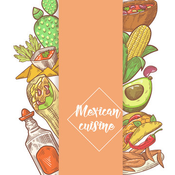 Mexican Food Hand Drawn Doodle. Mexico Traditional Cuisine Menu Design. Vector illustration