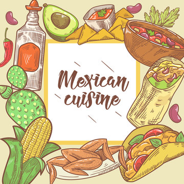Mexican Food Hand Drawn Doodle. Mexico Traditional Cuisine Menu. Vector illustration