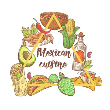 Mexican Food Hand Drawn Doodle. Mexico Traditional Cuisine Design. Vector illustration