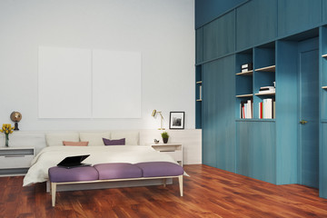 White bedroom, blue bookcase, corner