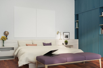 White bedroom, blue bookcase, close up