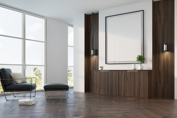 White, wooden living room, armchair, poster side