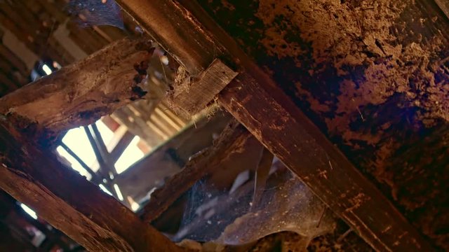 Abandoned place, The roof has a hole, the sun shines through. Slow camera movement from the former seeling to the view of the sky. The Shot was done with a Sony FS7 in 60 Frames.