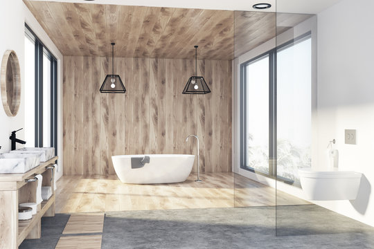 Wooden bathroom, tub and sink