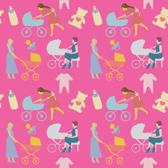 Mother with Pram Seamless Pattern in Retro Style. Women with Baby Carriage Background. Vector illustration
