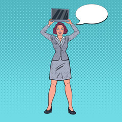 Pop Art Smiling Business Woman Holding Laptop. Secretary with Computer. Vector illustration