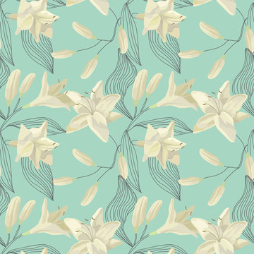 Tropical Lily Engraving Seamless Pattern. Floral Watercolor Background. Vector illustration
