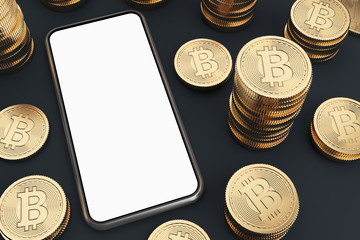Blank screen smartphone, bitcoins, top view