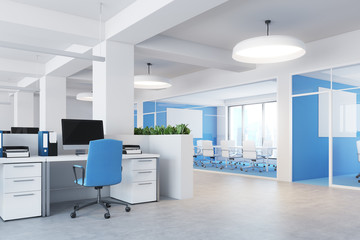 Blue open space office interior side