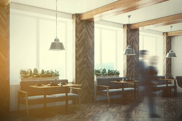 Bar interior gray sofas, corner toned