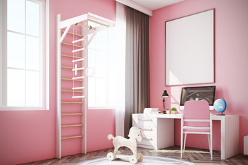 Baby s room with a computer, a ladder, pink