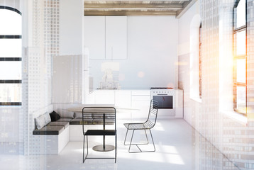Scandinavian kitchen, living room interior toned