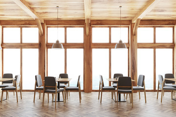 Wooden cafe interior, windows