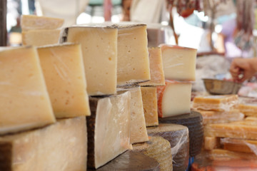 Many cut cheeses on the counter in the market