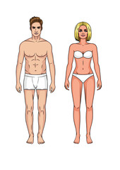 Set of man and woman in underwear. Guy and girl standing in front without clothes