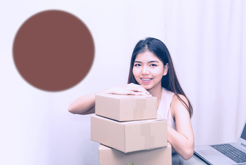 beautiful woman owner in delivery startup service Postal box, express mail, package