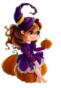 Cute little girl in Halloween witch costume with pumpkin and mouse clip art cartoon style transparent background