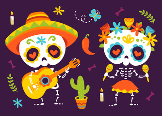 vector cartoon style autumn day of dead  Día de Muertos set