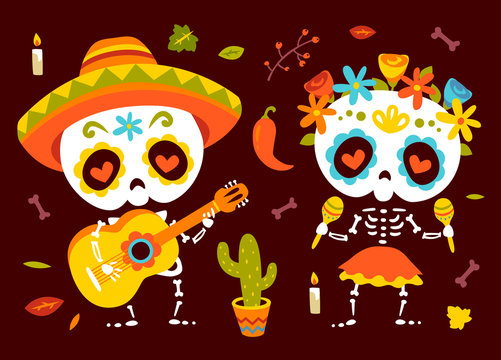 vector cartoon style autumn day of dead  Día de Muertos set
