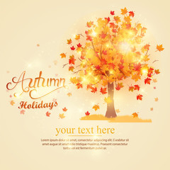 Autumn holidays backround with tree. The trend calligraphy. Vector illustration on the background of autumn leaves. Autumn typographic illustration of handwritten. Hand Lettering print.