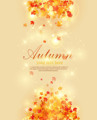 Hello, Autumn. Goodbye, Summer. The trend calligraphy. Vector illustration on the background of autumn leaves. Autumn typographic illustration of handwritten. Hand Lettering print.