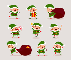 Set of cute playful Christmas elves. Collection of cute Santa Claus helpers. Happy New Year, Merry Xmas design element. Good for card, banner, flayer, leaflet, poster. Vector - 176608498