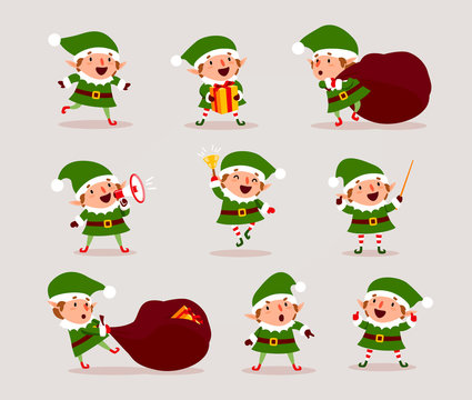 Set of cute playful Christmas elves. Collection of cute Santa Claus helpers. Happy New Year, Merry Xmas design element. Good for card, banner, flayer, leaflet, poster. Vector
