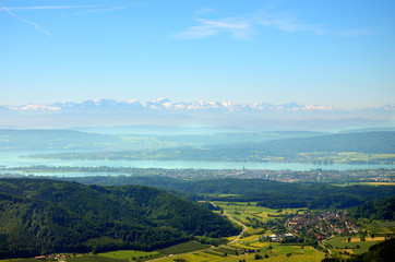 Obraz premium Aerial view of Lake Constance with Alps in background on a sunny summer day