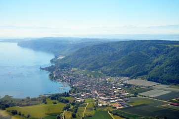 Aerial view of Lake Constance near Bodman Ludwigshafen, southern region in Germany on a sunny summer day