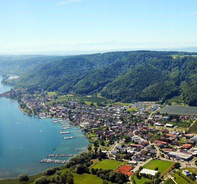 Aerial view of Lake Constance near Bodman Ludwigshafen, southern region in Germany on a sunny summer day