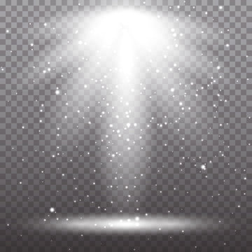 White glowing light burst explosion with small particles on transparent background.