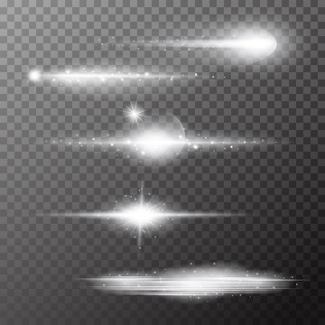 Set of white glowing light burst explosion with transparent. Vector illustration for cool effect decoration with ray sparkles. Bright star. Transparent shine gradient glitter, bright flare. sun and