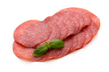 Salami slices isolated on white background.