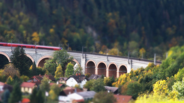train on a viaduct of the Semmeringbahn (miniature effect)