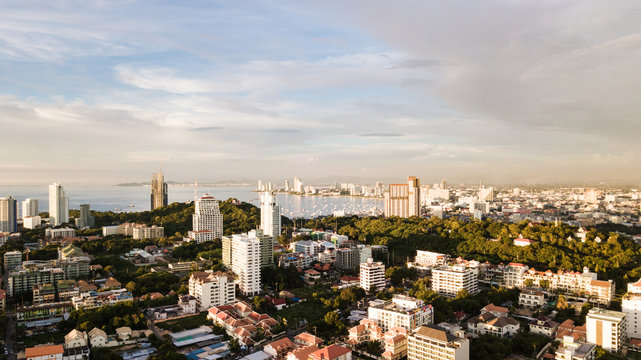 Aerial landscape view of Pattaya city in Thaland in the morning