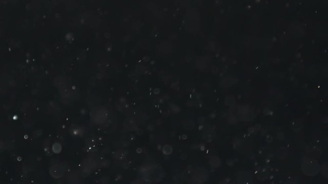 Slow motion macro dust particles float over black background