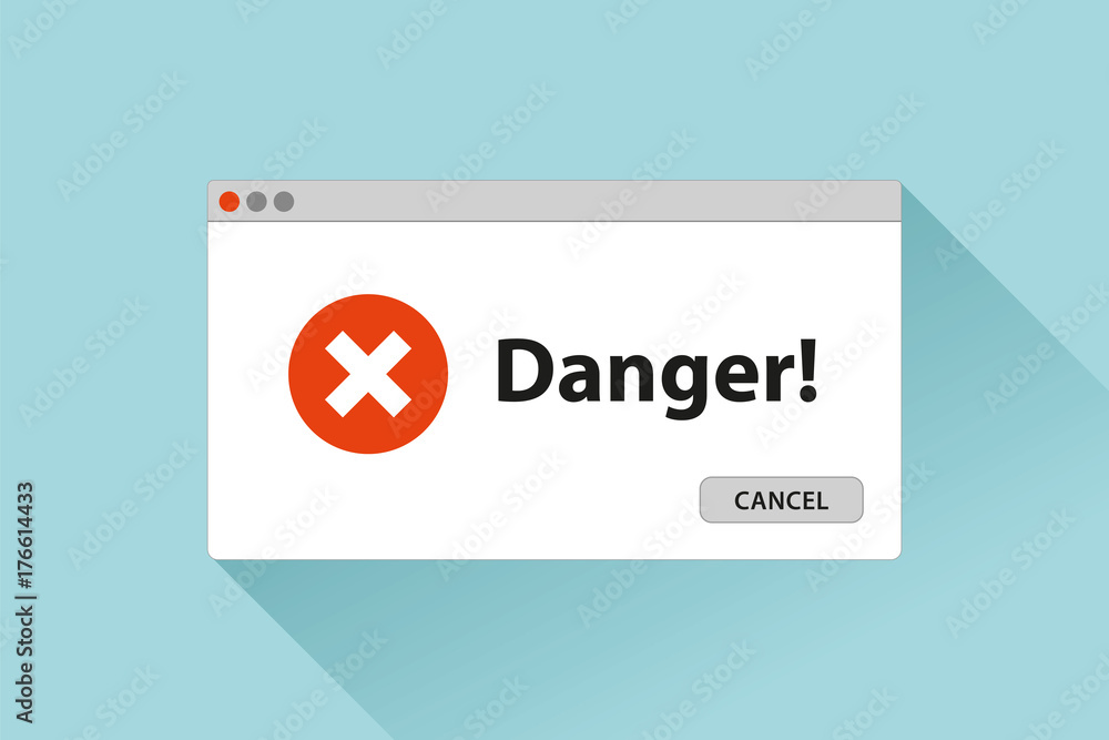 Poster danger page. red cross. error window in flat style, stop signs, vector design object for you project
