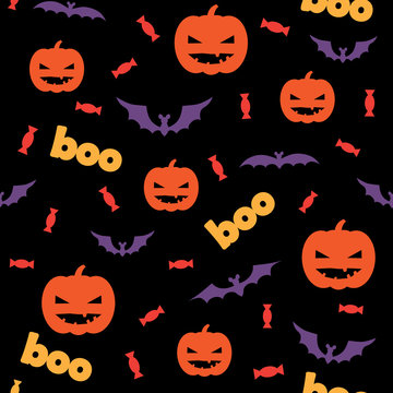 Seamless halloween pattern with pumpkins, candy and bats