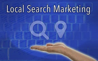 Hand presenting "Local Search Marketin"  Symbol on Blue Background