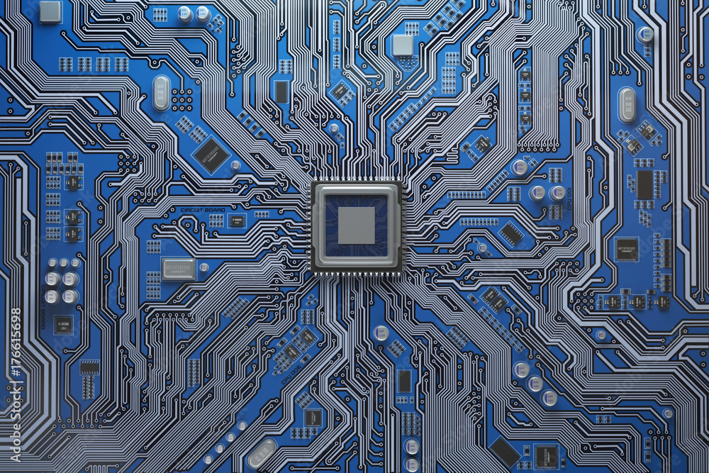 Poster Computer motherboard with CPU. Circuit board system chip with core processor. Computer technology background.