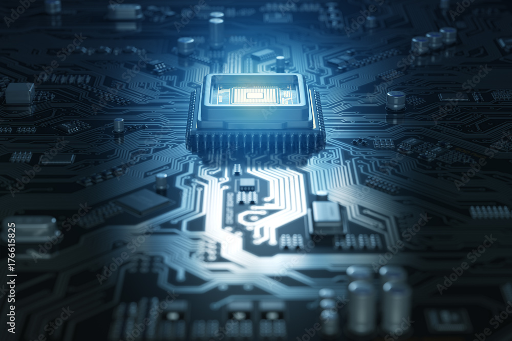 Poster Computer motherboard with CPU. Circuit board system chip with core processor. Computer technology background.