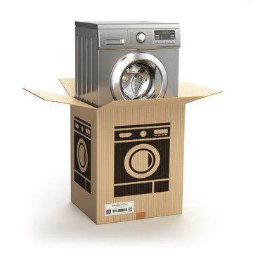 Washing machine in carton cardboard box. E-commerce, internet online shopping and delivery concept.