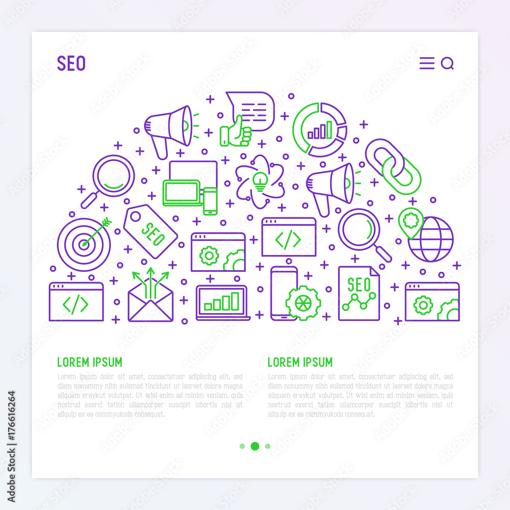 Poster seo and development concept in half circle with thin line icons. vector illustration for banner, web