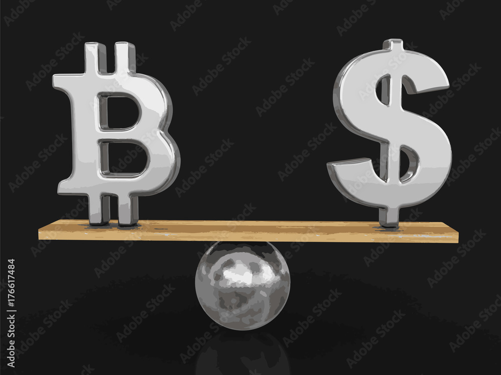 Poster bitcoin and dollar sign balanced on plank. image with clipping path