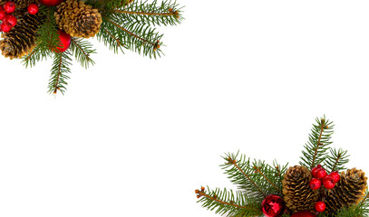 Christmas decoration. Christmas wreath of cones spruce, branch spruce tree, red berry, christmas red balls on a white background with space for text. Top view, flat lay