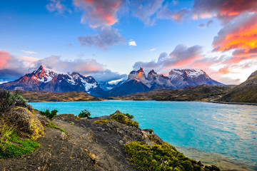 Fototapeta na wymiar Torres del Paine over the Pehoe lake, Patagonia, Chile - Souther