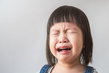 Portrait of little asian crying girl with little rolling tears weeping emotion, hurt in pain fit...