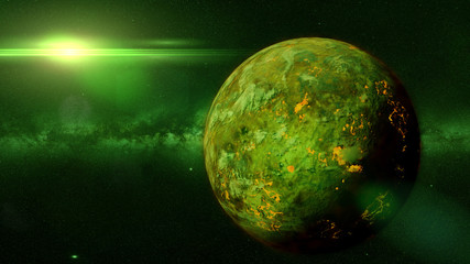 Fototapeta na wymiar mysterious alien planet with lava streams lit by a green sun 