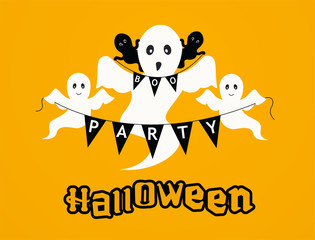 Halloween party background with ghosts. Happy Halloween greeting card orange background.