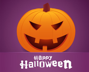 Happy Halloween. Smiling pumpkin face on purple background. Greeting card.